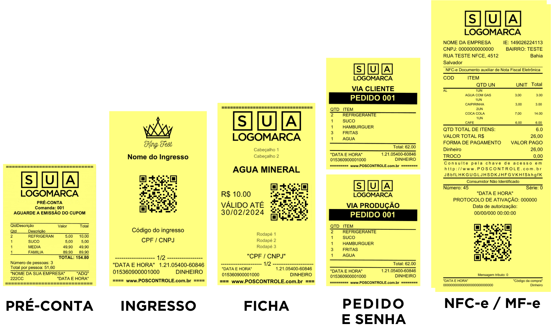 Quatro ingressos amarelos com texto em preto detalhando diferentes documentos de atendimento ao cliente, incluindo um ingresso de evento com código QR e informações sobre assentos; um token para compra de água mineral; um modelo de pedido para um cliente chamado SUA LOGOMARCA; e uma nota fiscal eletrônica de consumidor com detalhes comerciais e compras detalhadas.